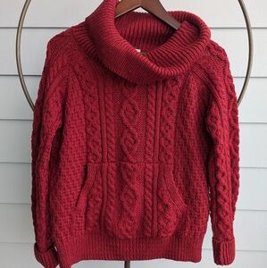 Carrig Donn Irish Fisherman Sweater Turtleneck Cable Knit Merino Wool Red Small